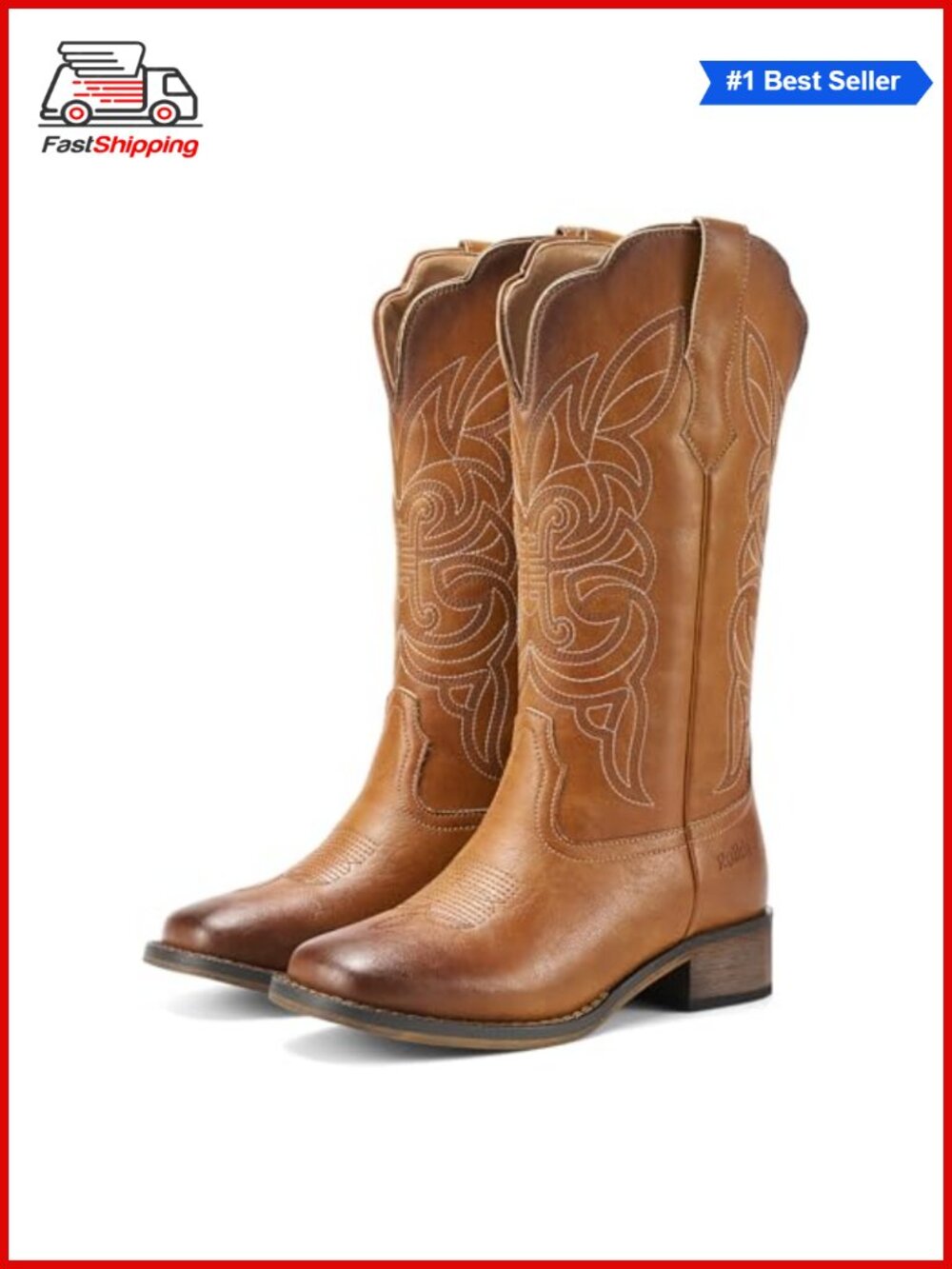 ✨ Rollda Women's Cowboy Boots Synthetic Leather Square Toe Mid Calf Western